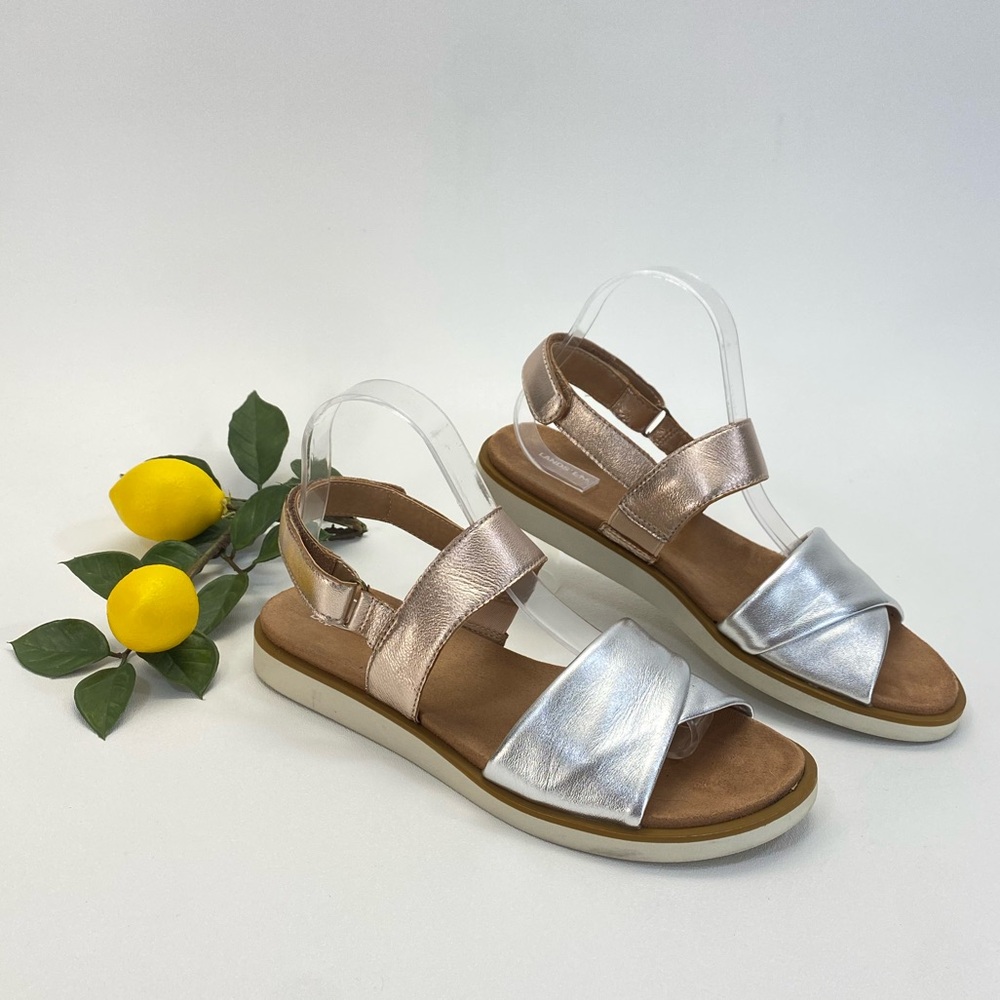 Lands End Dbl Strap Leather Flat Sandals Metallic Colorblock 8 Silver Rose Gold